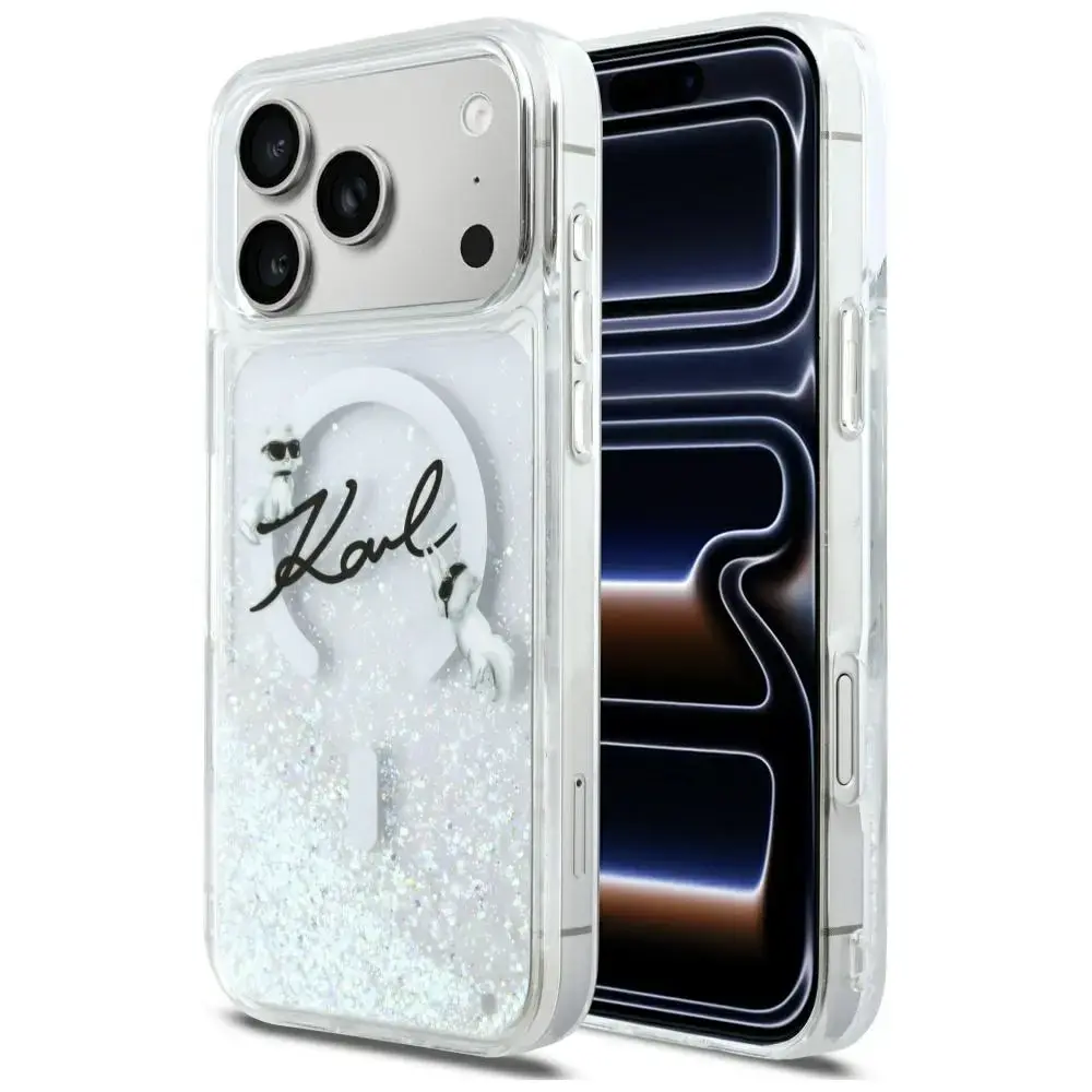 Karl Lagerfeld Liquid Glitter Karl Script Logo telefoni ümbris MagSafe toega iPhone 17 Pro Max läbipaistev