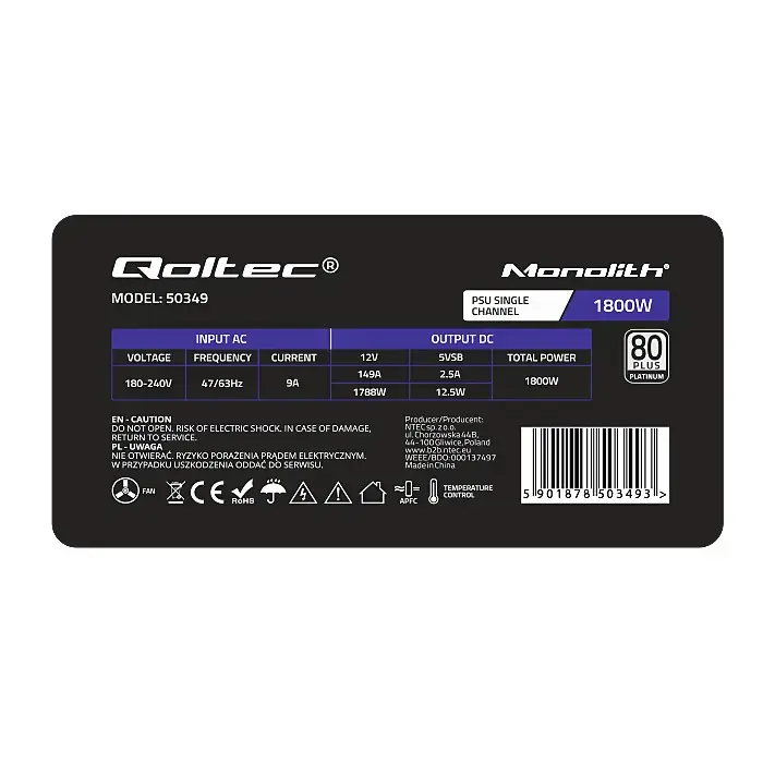 Qoltec  PCI-E 1800W power supply | 80 Plus Platinum | Data mining