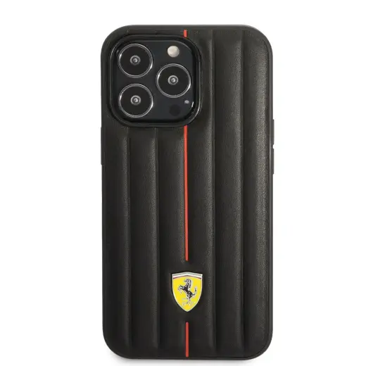 Ferrari Leather Embossed Stripes Case for iPhone 14 Pro Max Black