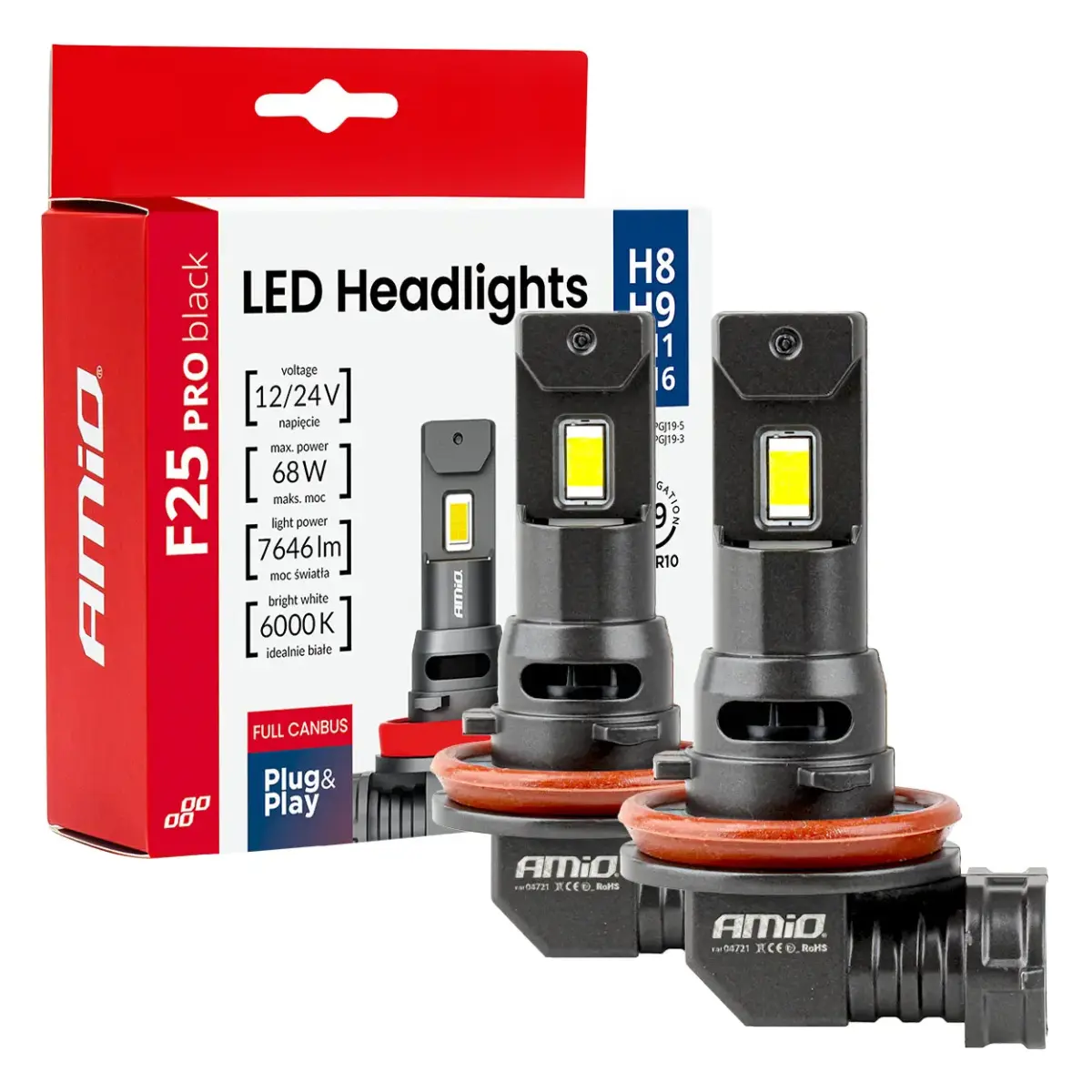 LED Headlights Series F25 PRO BLACK FULL CANBUS H8 H9 H11 H16 68W 12V 24V AMIO-04721