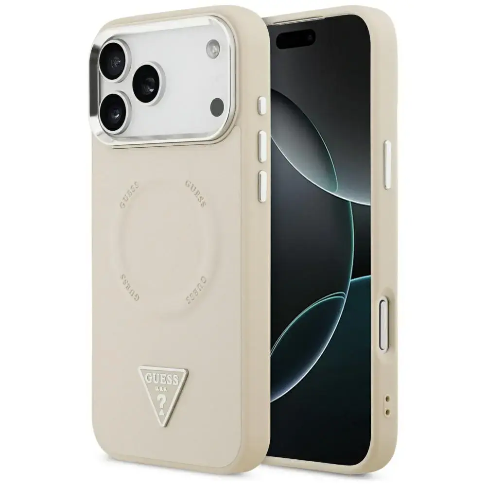 Guess Triangle Logo maciņš ar MagSafe atbalstu telefonam iPhone 17 Pro Max bēšs