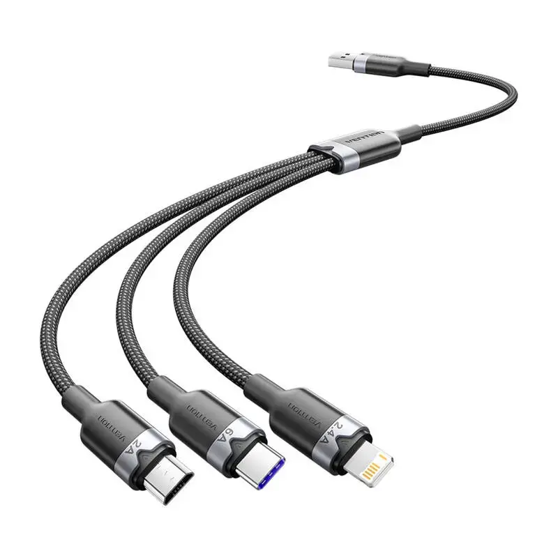 Vention CTRBG 3-in-1 data transfer and charging cable | USB-A to USB-C/Lightning/Micro USB | 120W | 1.5m | black