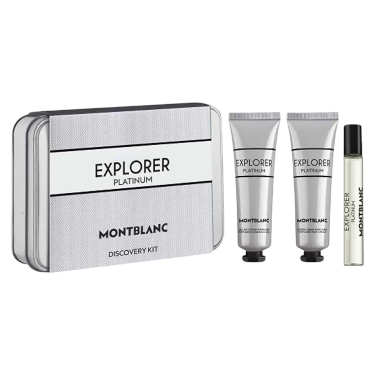 Set Montblanc: Explorer Platinum, Eau De Parfum, For Men, 7.5 ml + Explorer Platinum, Hydrating, Cream, For Face, 30 ml + Explorer Platinum, Hydrating, Shower Gel, All Skin Types, 30 ml