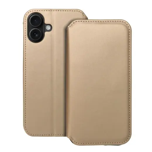 DUAL POCKET grāmatveida maciņš telefonam iPhone 16 Plus zelta krāsā