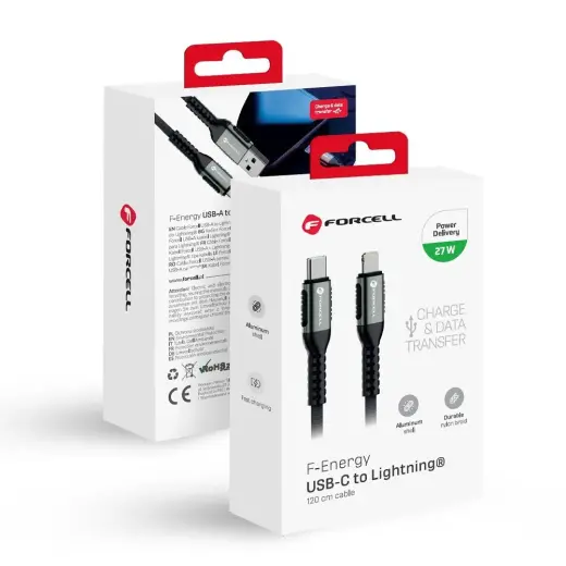 Forcell F-Energy C259 duomenų perdavimo ir įkrovimo laidas | USB-C į Lightning | PD | 27W | 1.2m | juodas