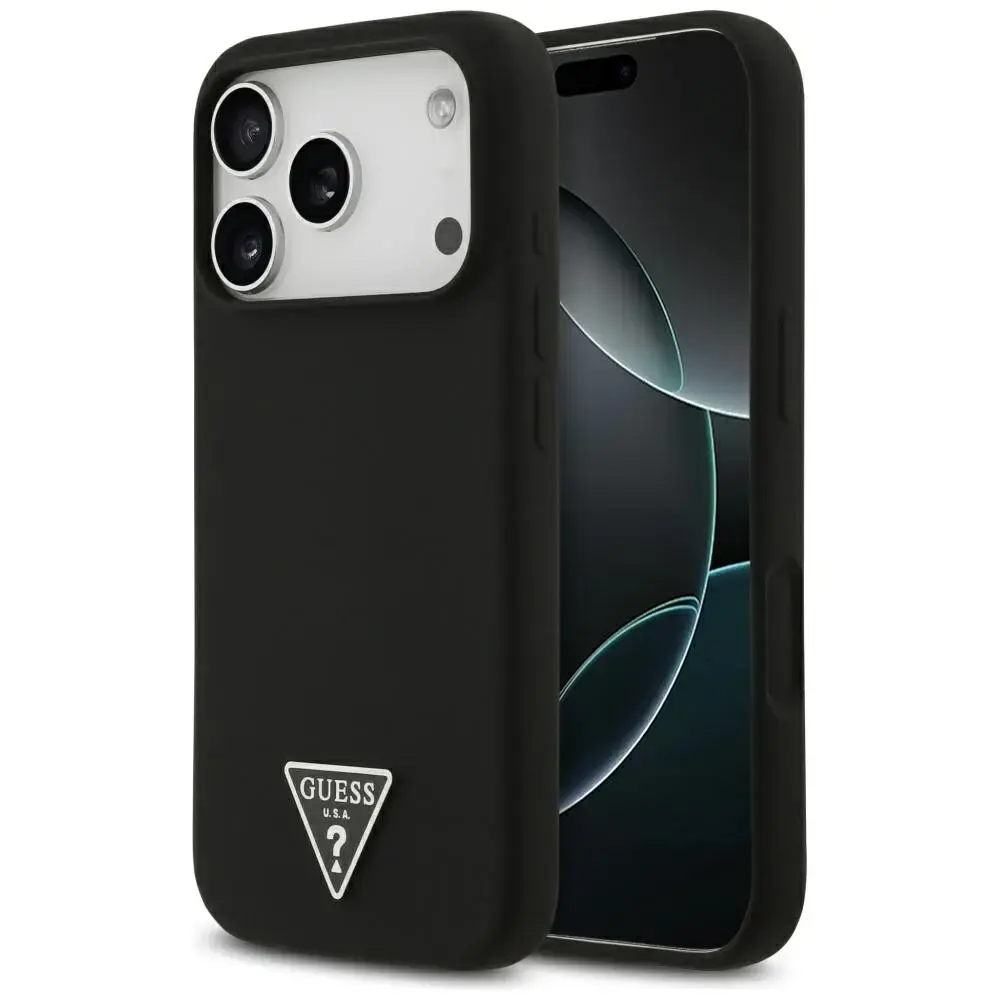Guess Silicone Triangle Logo maciņš ar MagSafe atbalstu telefonam iPhone 17 Pro Max melns