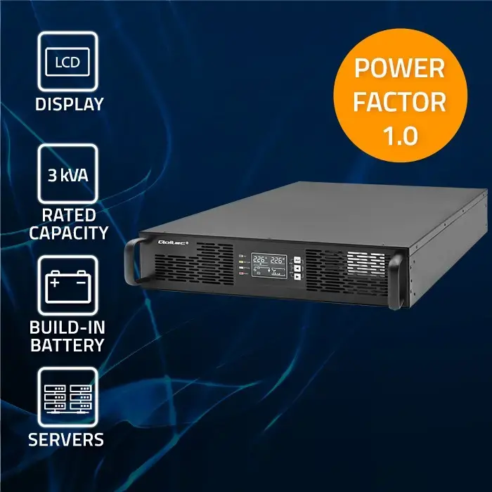 Qoltec Uninterruptible Power Supply UPS for RACK | 3kVA | 3000W | Power factor 1.0 | LCD | EPO | USB | On-line