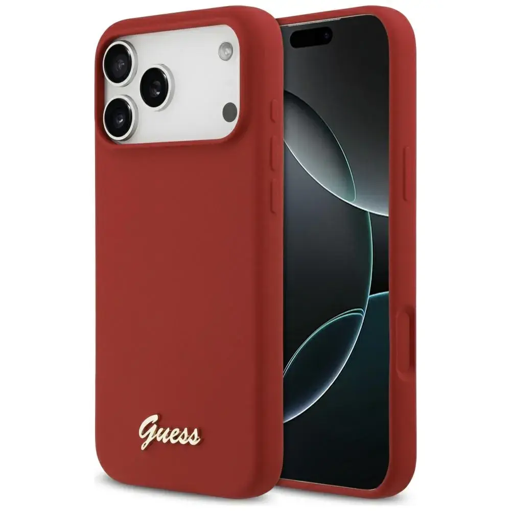 Case Guess Silicone Script Metal Logo MagSafe for iPhone 17 Pro Max magenta