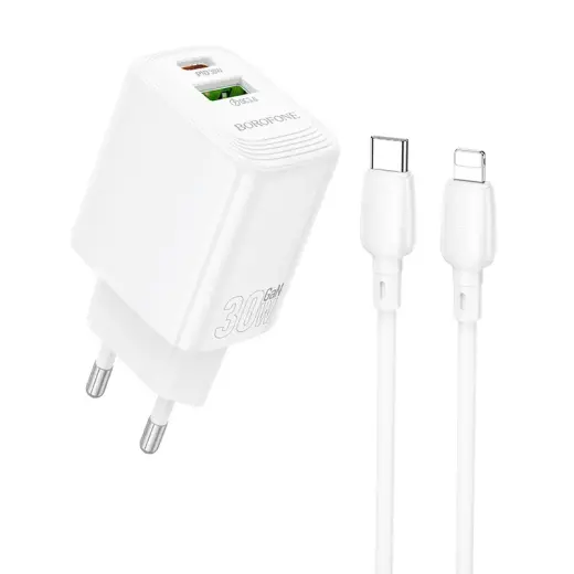 Borofone BN29 travel charger | 30W | QC | PD | USB | USB-C | with Type C to Lightning cable | white