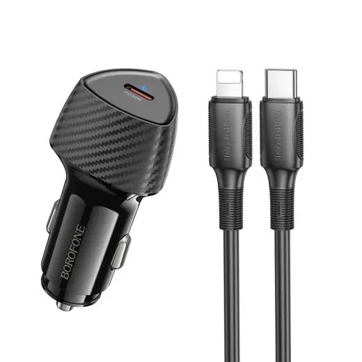 Borofone BZ31B Solid car charger | 30W | PD, QC | USB-C, Lightning | with Type-C to Lightning cable included | black