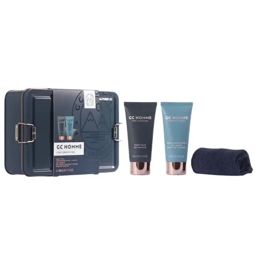 Set The Luxury Bathing Company: GC Homme, Citrus & Aromatic, Shower Gel & Shampoo 2-In-1, 100 ml + GC Homme, Relaxes & Relieves Tension, Body Wash, 100 ml + GC Homme, Salon Textile Towel, Dark Blue