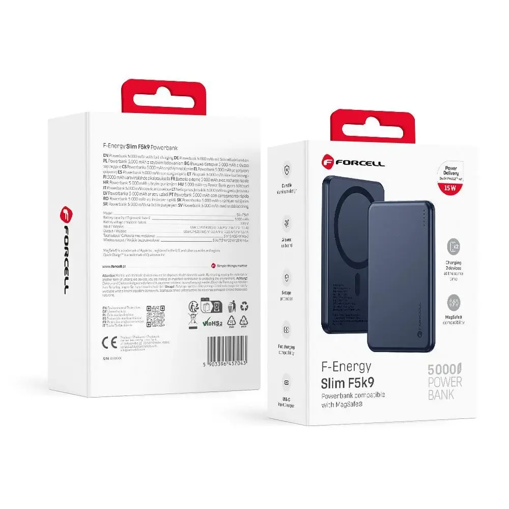 Powerbank compatible with MagSafe Forcell F-Energy Slim F5K9 QC4.0 PD3.0 15W 5000 mAh navy blue