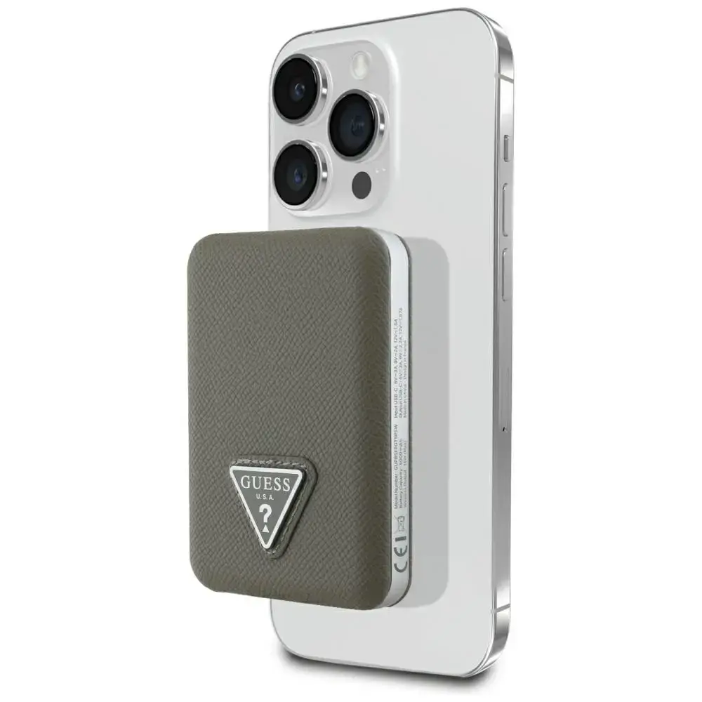 Guess Grained Triangle ārējais akumulators (powerbank) | 5 000 mAh | 15W | USB-C, MagSafe, Wireless | brūns