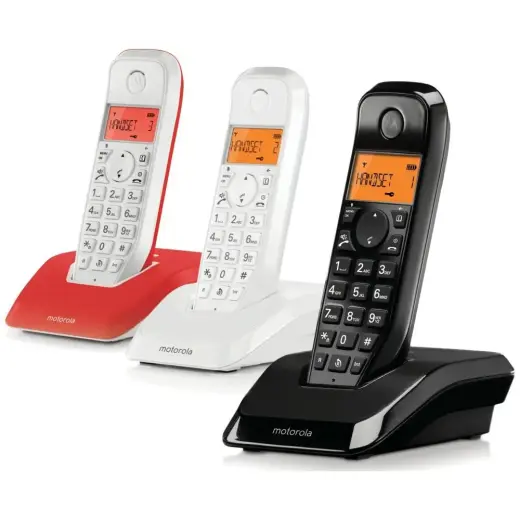 Set of Motorola S1202 cordless landline phones 3 pcs. black white red