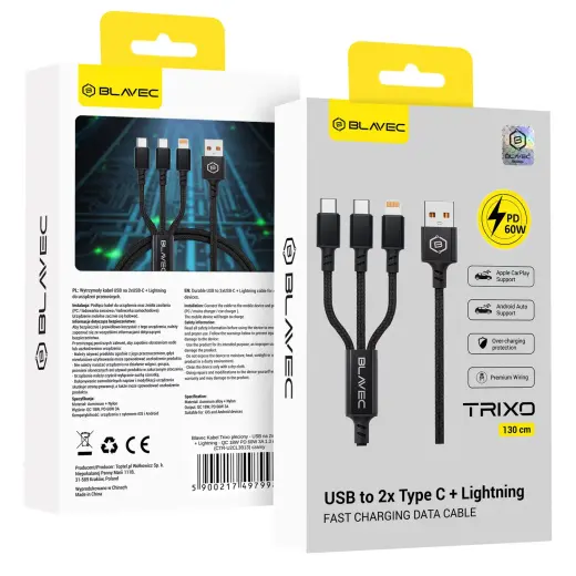 Blavec Cable Trixo braided - USB to 2xType C + Lightning - QC 18W PD60W 3A 1,3 metres (CTR-U2CL3B13) black