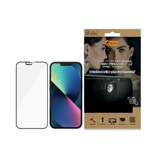 PanzerGlass Microfracture tempered glass for phone iPhone 13 | iPhone 13 Pro 6,1" black CamSlider Swarovsky Case Friendly AntiBacterial