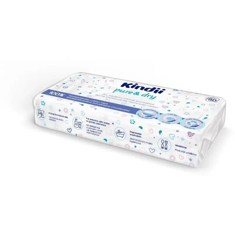 Sausās salvetes mazuļiem Kindii Pure&Dry 50 gab. 20x20cm