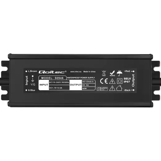 Qoltec LED Driver IP67 60W | 12V | 5A | Waterproof | Black