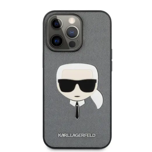KLHCP13LSAKHSL Karl Lagerfeld PU Saffiano Karl Head Case for iPhone 13 Pro Silver