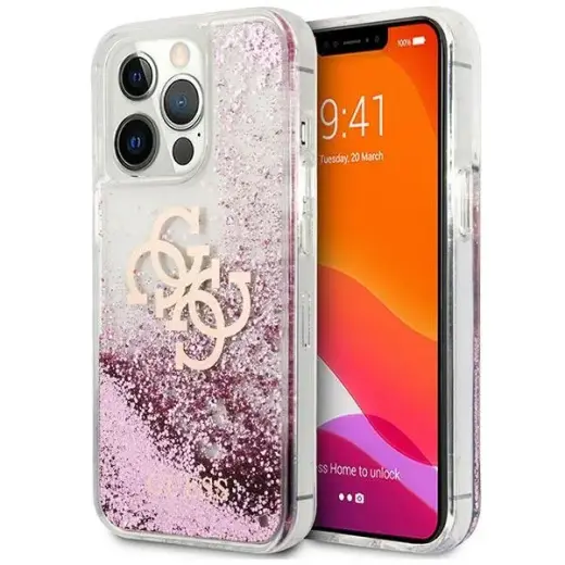 GUHCP13LLG4GPI Guess TPU Big 4G Liquid Glitter Pink Case for iPhone 13 Pro Transparent