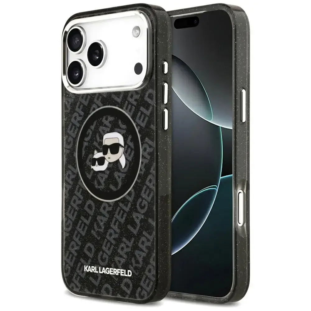 Karl Lagerfeld IML Glitter Karl & Choupette Heads Logo maciņš ar MagSafe atbalstu telefonam iPhone 17 Pro Max melns