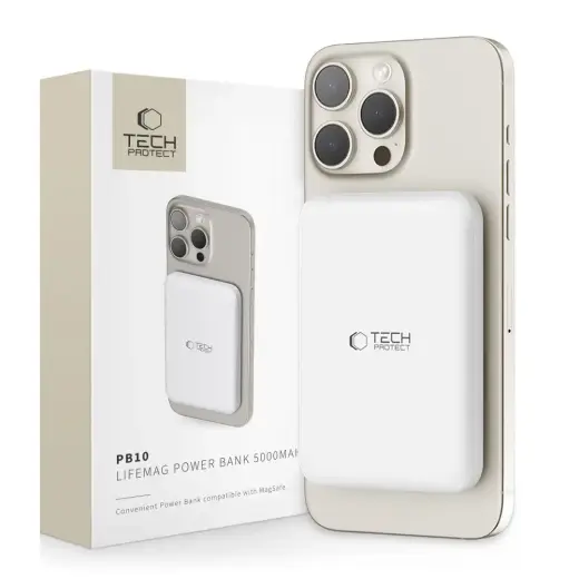 Tech-Protect LifeMag PB10 ārējais akumulators (powerbank) | 5000 mAh | 15W | USB-C, MagSafe | balts