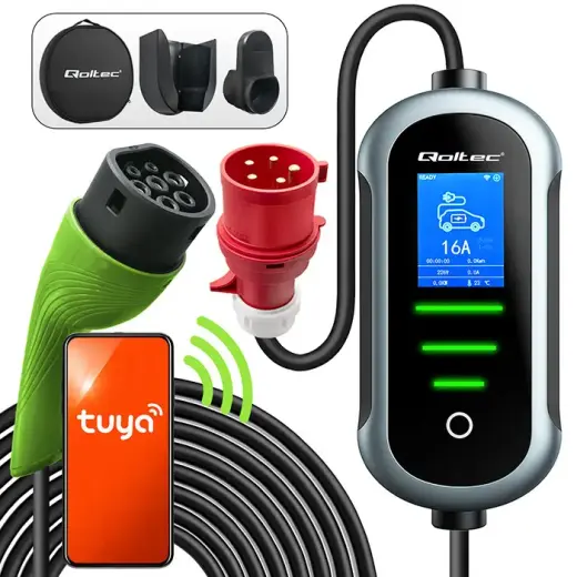 Qoltec Mobile EV Electric Car Charger with 2-in-1 Type 2 Adjustment | 11kW | 400V | CEE 16A | Wifi | TUYA | SMART LIFE | LCD | Portable | Wallbox | 5m
