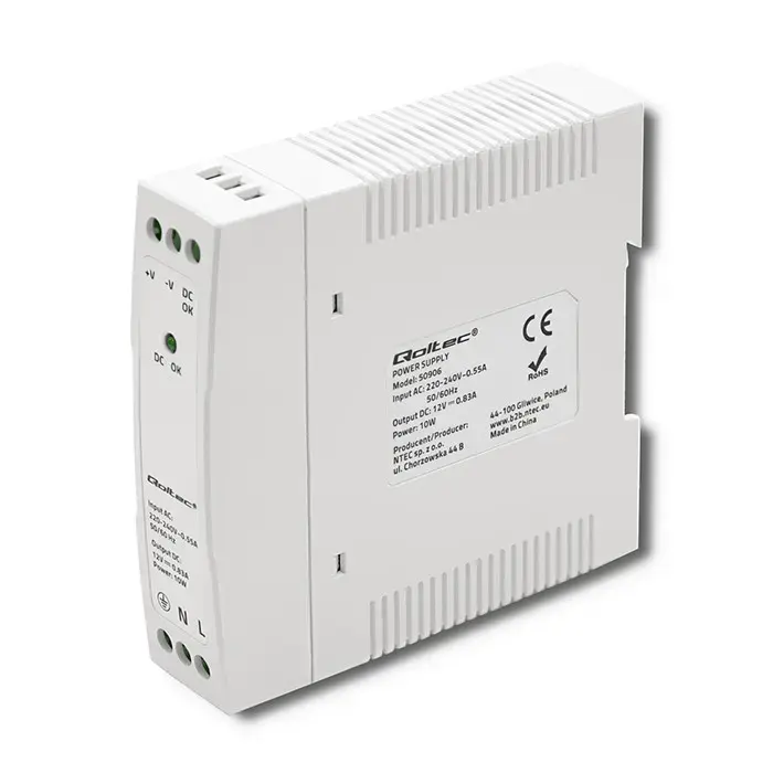 Qoltec DIN rail power supply | 10W | 12V | 0.83A | White | Slim
