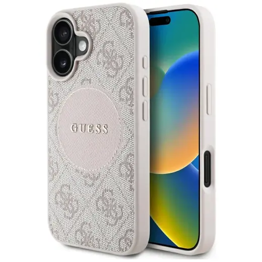 Guess Circle Classic Logo phone case for iPhone 16 pink with MagSafe support