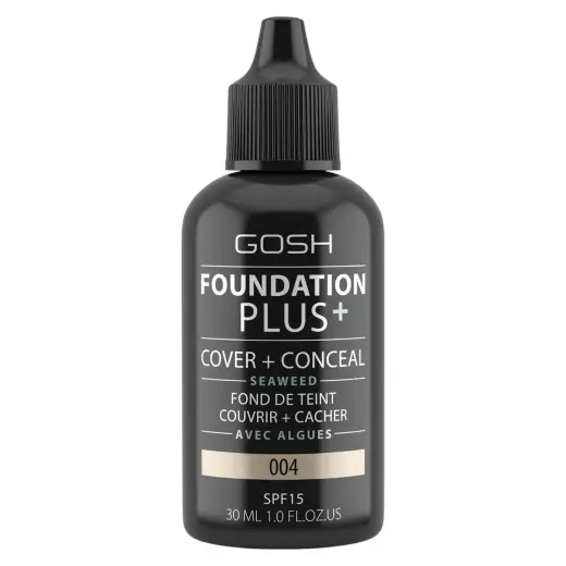 Gosh, Foundation Plus+, Cover & Conceal, Liquid Foundation, 004, Natural, SPF15, 30 ml