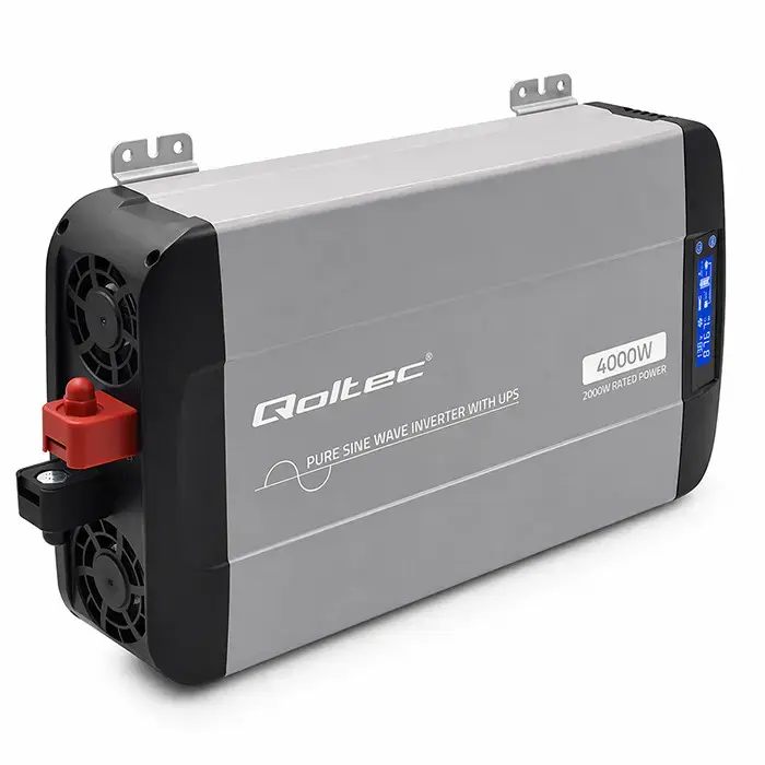 Qoltec Pure Sine Wave Inverter with UPS | 12V to 230V | 2000/4000W | LCD | USB | USB-C | Compatible with LiFePO4 GEL AGM