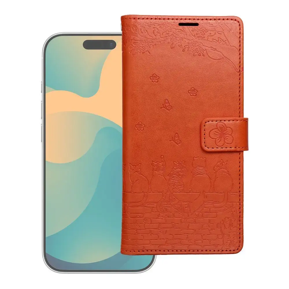 MEZZO cats knyginio tipo telefono dėklas Samsung Galaxy A57 (A576) rudas (katė)