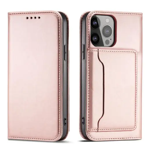 Magnet Card Case knyginio tipo telefono dėklas su stovu iPhone 14 Pro Max rožinis
