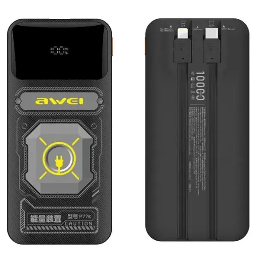 AWEI P77K ārējais akumulators (powerbank) | 10000 mAh | 22.5W | Lightning, USB-C | melns