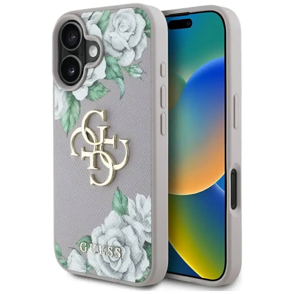 Guess Grained Roses Big 4G logo telefona maciņš iPhone 16 violeta