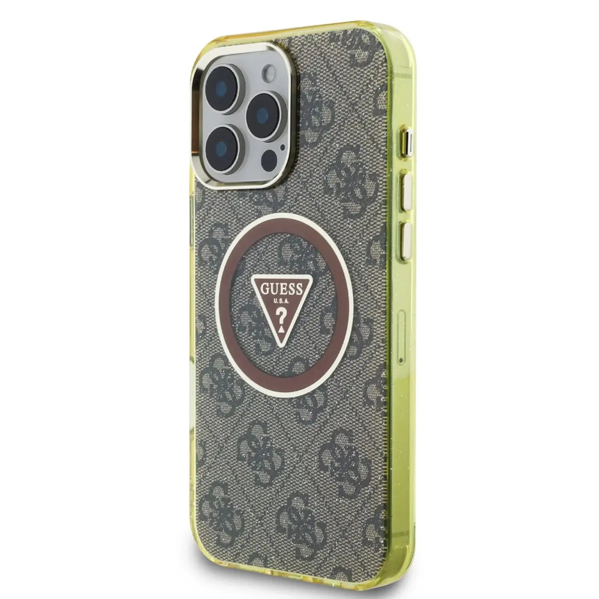 Guess IML 4G Glitter and Triangle Logo MagSafe Case for iPhone 16 Pro Max Brown