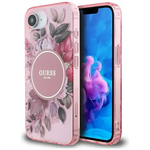 Guess IML Flowers phone case for iPhone 16e pink with MagSafe