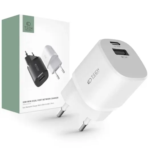 Tech-Protect C20W зарядное устройство | 20W | PD, QC3.0 | USB-C, USB-A | белое