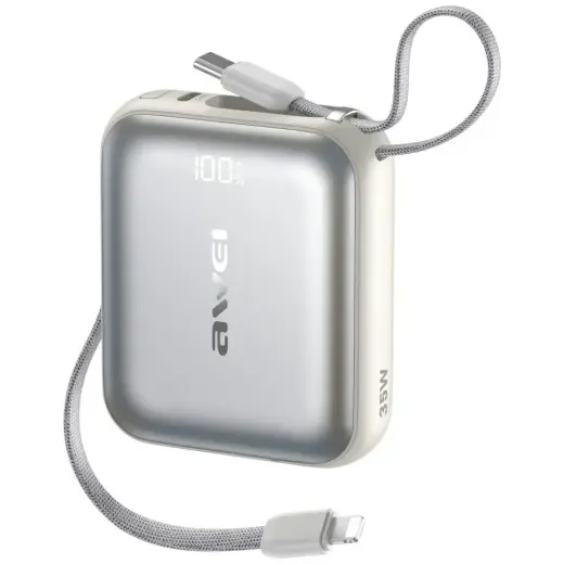Awei AS-181 väline akupank (powerbank) | 10 000 mAh | 35W | USB-C, Lightning | silver