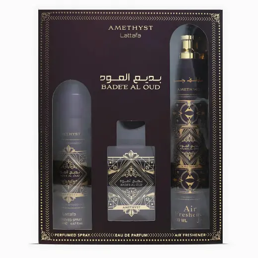 Set Lattafa: Bade'e al Oud Amethyst, Eau De Parfum, For Men, 100 ml + Bade'e al Oud Amethyst, Body Spray, 200 ml + Bade'e al Oud Amethyst, Room Spray, 300 ml