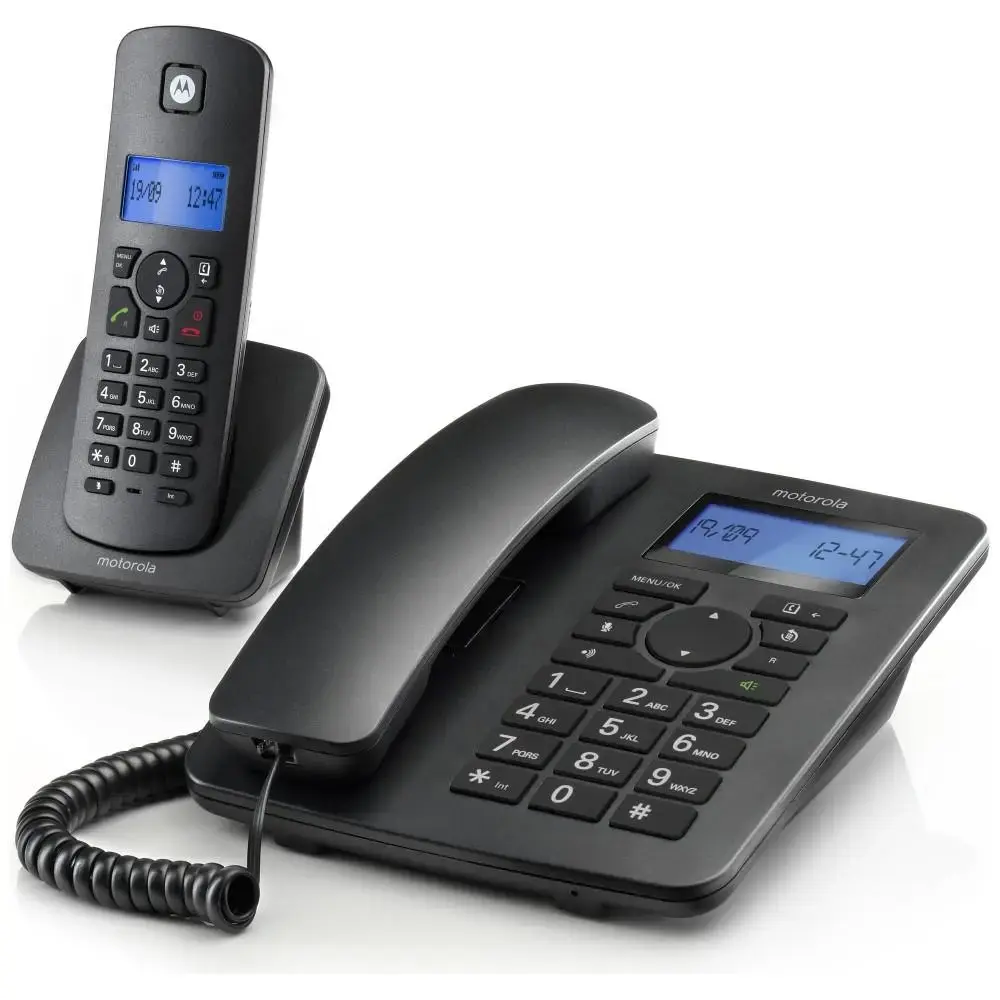 Set of Motorola C4201 cordless landline + landline phones black 2 psc.