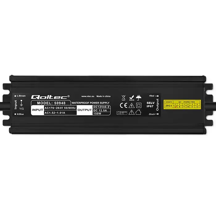 Qoltec LED Driver IP67 150W | 12V | 12.5A | Waterproof | Black