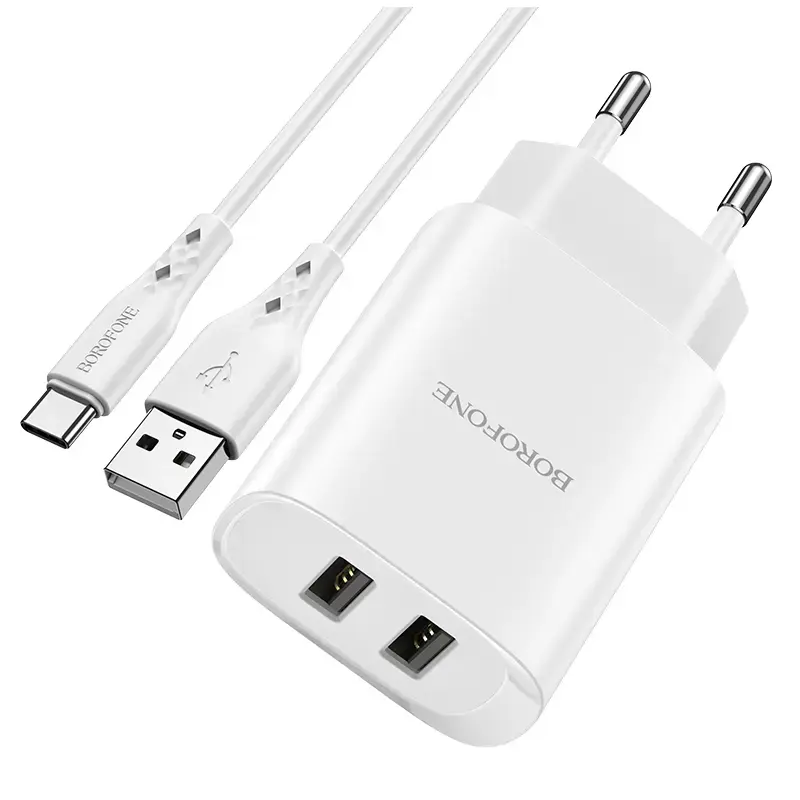 Borofone BN2 Super tīkla lādētājs | 10.5W | USB-A, USB-C | ar USB-A uz USB-C vadu komplektā | balts