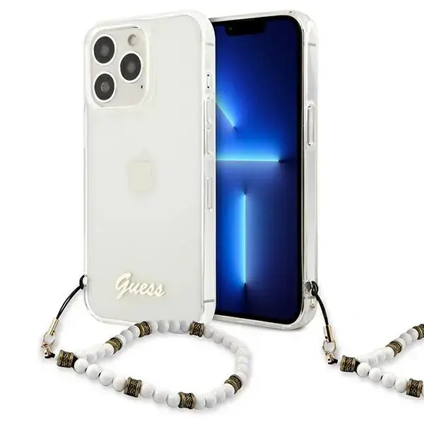 GUHCP13XKPSWH Guess PC Script and White Pearls Case for iPhone 13 Pro Max Transparent