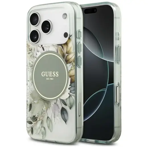 Etui Guess IML Flower & Tonal Circle      MagSafe do iPhone 17 Pro zielony