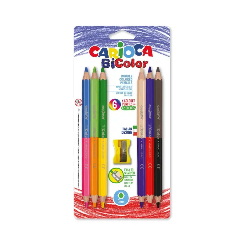 Krāsainie zīmuļi CARIOCA Bi-Color Maxi, blisterī, 6 krāsas
