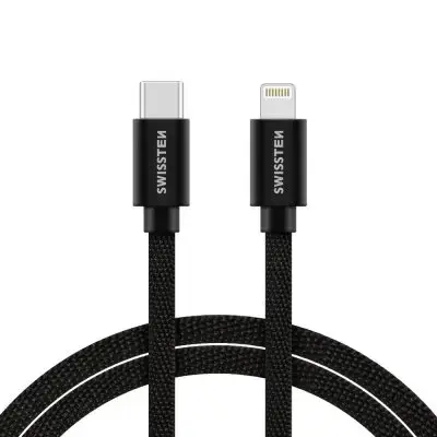 Swissten Textile Universāls Quick Charge 3.1 USB-C uz Lightning Datu un Uzlādes Kabelis 2m Melns