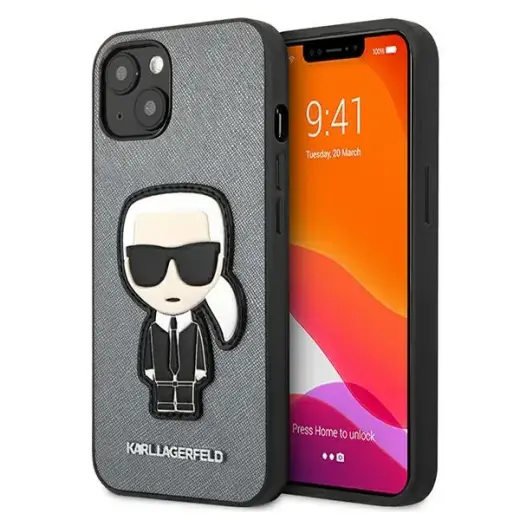 Karl Lagerfeld KLHCP13SOKPGiPhone 13 mini 5,4" srebrny|silver hardcase Saffiano Ikonik Karl`s Patch