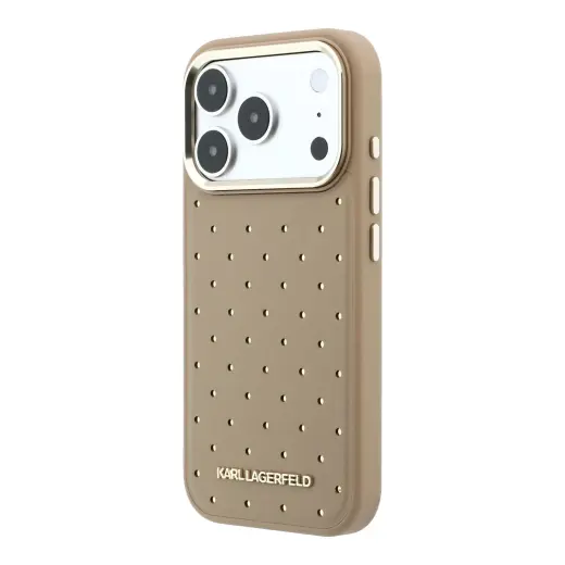Karl Lagerfeld PU Perforated Gold Dots telefono dėklas su MagSafe palaikymu iPhone 17 Pro smėlio spalvos