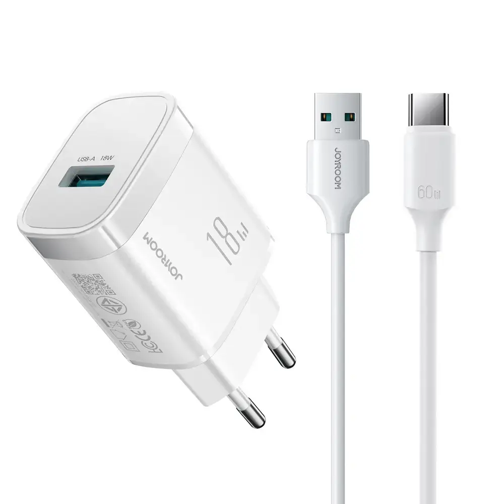 Joyroom JR-TF4 tīkla lādētājs | 18W | USB-A, USB-C | ar USB-A uz USB-C vadu komplektā | balts